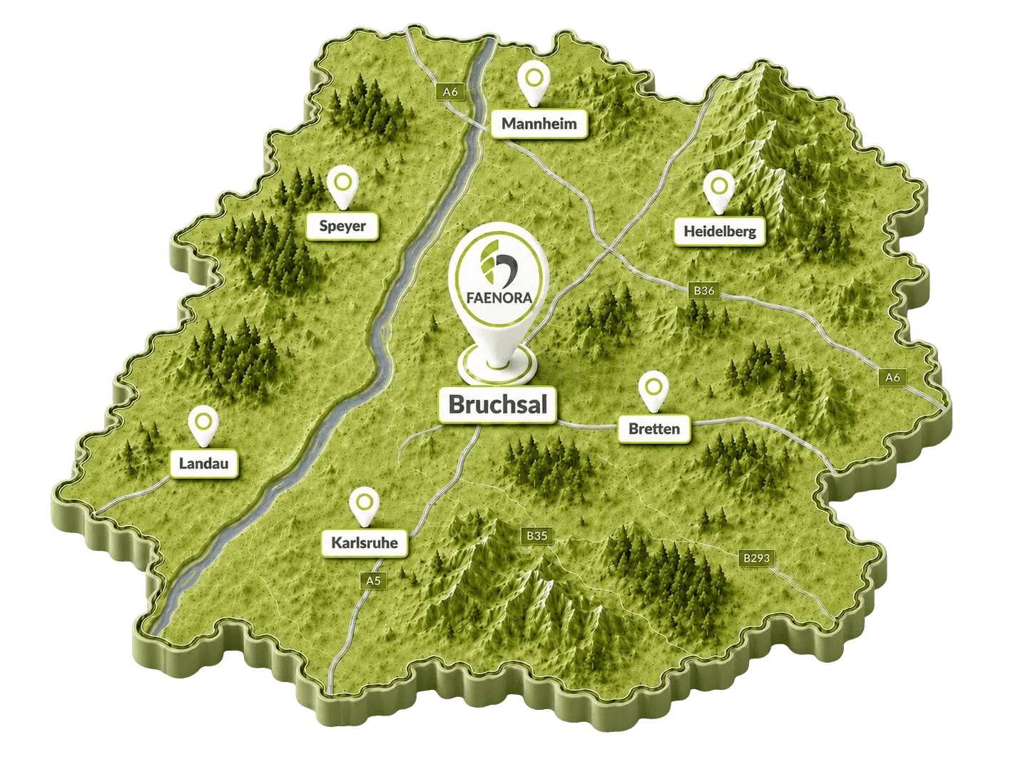 Karte der Region mit Bruchsal im Zentrum sowie Karlsruhe, Bretten, Heidelberg, Mannheim, Speyer und Landau